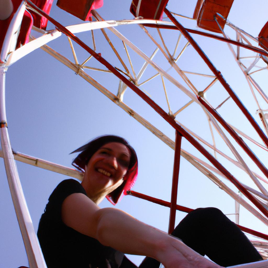 Person riding Ferris wheel joyfully