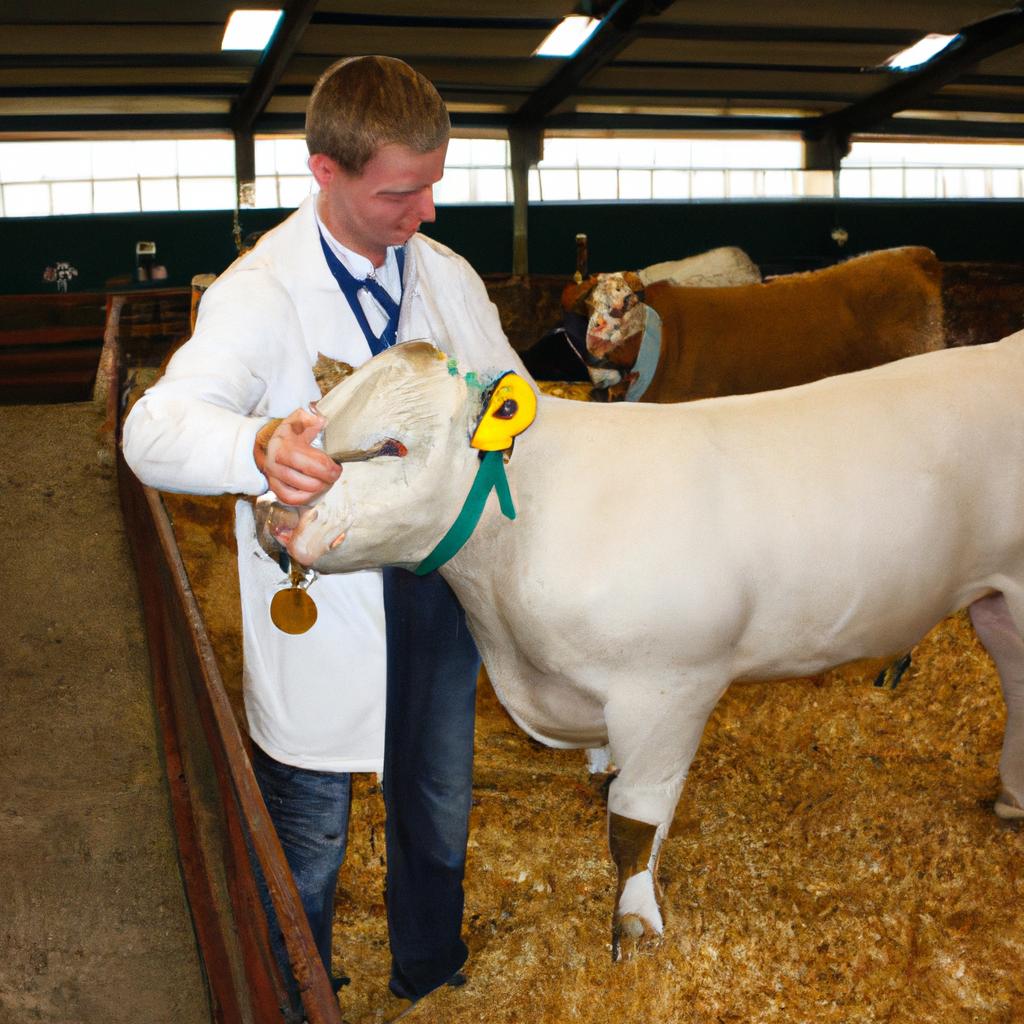Person showcasing prize-winning livestock